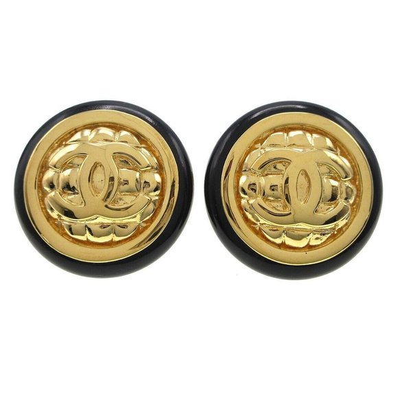 Chanel Button Earrings Clip-On Black Gold - Picture 1 of 5